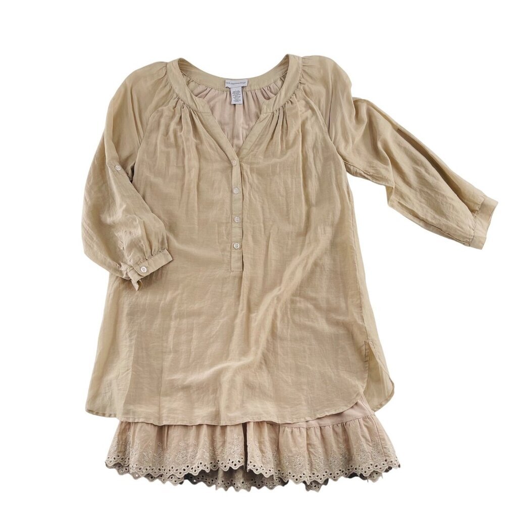 Soft Surroundings Beige Long‎ Sleeve Tunic Top W/ Lace Hem XSmall Cotton Silk